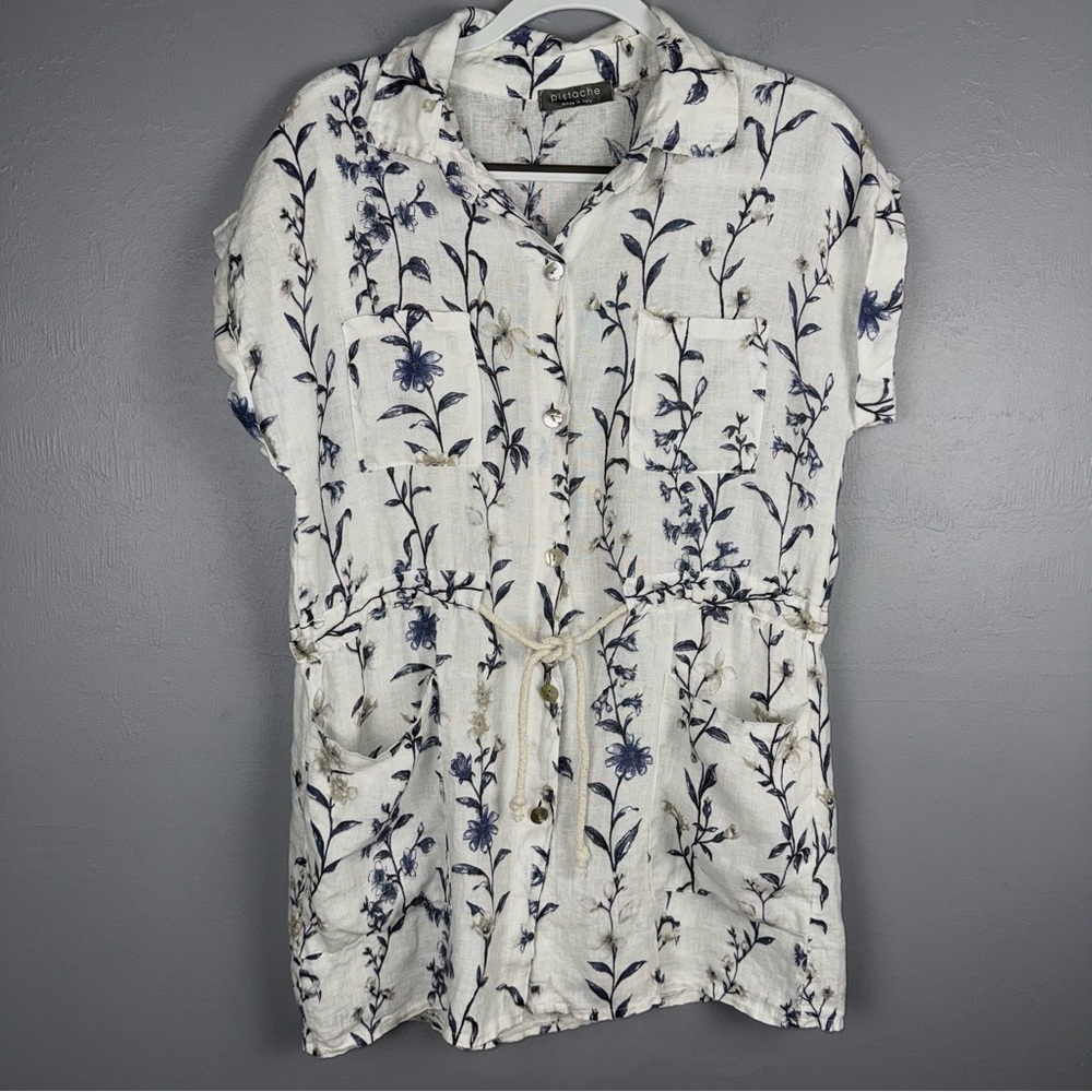 Pistache Linen Floral Print Top Women’s Small Button Down Made in Italy
